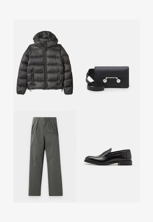 Giacca con cappuccio nera in piumino, con chiusura a zip frontale, due tasche laterali e texture trapuntata. Realizzata in materiale leggero e isolante.; Maglione lavorato a maglia color crema con colletto polo, polsini e orlo a coste, dotato di patta frontale e texture morbida.; T-shirt blu navy a maniche corte con scritta bianca "neanche per sogno" centrata sul petto, colletto girocollo, taglia media.; Pantaloni leggeri a pieghe in cotone grigio scuro con design a gamba dritta. Presentano una chiusura frontale con bottone e passanti per la cintura.; Mocassini neri in pelle con una texture liscia, punta arrotondata e una striscia decorativa sulla tomaia. Tacco basso impilato, design minimalista.; Borsa a tracolla in pelle nera con chiusura a patta, hardware in tonalità argento e due accenti tondi. Dotata di una tracolla removibile. Texture liscia.