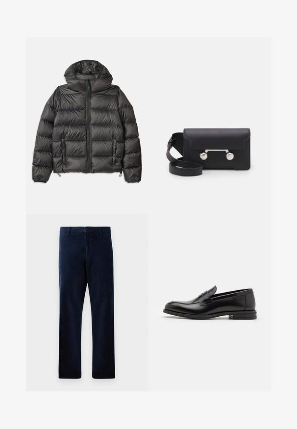 Black puffer jacket with a hood, featuring a zip front, two side pockets, and quilted texture. Made from lightweight, insulated material.; Cream-colored knit sweater with a polo collar, ribbed cuffs, and hem, featuring a front placket and soft texture.; Navy blue short-sleeve T-shirt with white text "neanche per sogno" centered on the chest, crew neck, medium size.; Navy blue trousers made of a soft, textured fabric, featuring a button closure and straight cut, with subtle stitching details.; Black leather loafers with a smooth texture, rounded toe, and a decorative strap across the vamp. Low stacked heel, minimalist design.; Black leather crossbody bag with a flap closure, silver-tone hardware, and two round accents. Features a detachable strap. Smooth texture.