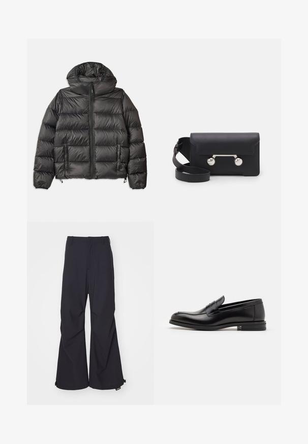 Veste en duvet noire avec capuche, dotée d'une fermeture éclair à l'avant, de deux poches latérales et d'une texture matelassée. Fabriquée en matériau léger et isolant.; Pull en tricot de couleur crème avec un col polo, des poignets et un ourlet côtelés, comportant une patte de boutonnage sur le devant et une texture douce.; T-shirt à manches courtes bleu marine avec le texte blanc "neanche per sogno" centré sur la poitrine, col rond, taille moyenne.; Pantalons à jambe large bleu marine en tissu lisse, dotés de deux poches avant et d'accents en cordon à l'ourlet. Design épuré et bien taillé sans embellissements.; Mocassins en cuir noir avec une texture lisse, bout rond et une sangle décorative sur le dessus. Talon bas empilé, design minimaliste.; Sac bandoulière en cuir noir avec un rabat, accessoires en métal argenté et deux accents ronds. Doté d'une bandoulière amovible. Texture lisse.