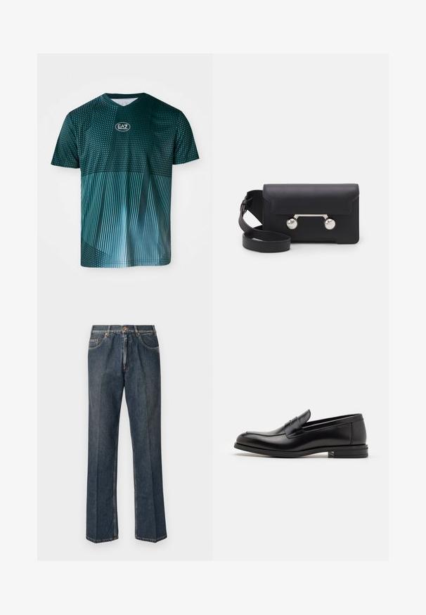 Casaco puffer preto com capuz, apresentando fecho de correr à frente, dois bolsos laterais e textura acolchoada. Feito de material leve e isolante.; Suéter tricotado de cor creme com gola polo, punhos e barra en ribana, apresentando uma pala frontal e uma textura suave.; T-shirt verde de manga curta em V com padrão em gradiente; apresenta pontos e linhas em tons contrastantes. Logótipo da marca centrado no peito.; Jeans de ganga de perna reta azul escuro com botão à frente, fecho de correr, dois bolsos frontais e vinco vertical visível ao longo das pernas.; Mocassins de couro preto com uma textura suave, bico arredondado e uma faixa decorativa sobre o peito do pé. Salto baixo e empilhado, design minimalista.; Saco transversal em pele preta com fecho de aba, ferragens em tom prateado e dois acentos redondos. Apresenta uma alça destacável. Textura suave.