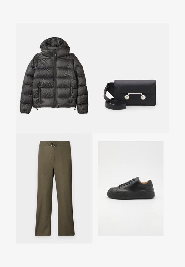 Sort pufferjakke med hætte, der har lynlås foran, to sidelommer og quiltet tekstur. Fremstillet af let, isoleret materiale.; Kremfarvet strikket sweater med polo-krave, ribbede mansjetter og kant, med en frontplacket og blød tekstur.; Løse, olivengrønne linnedbukser med elastisk talje og vide ben. Glat tekstur, minimalistisk design, ingen synlige mønstre eller accenter.; Sort lædersneaker med rund tå, snørebånd foran, glat overflade, tyk gummisål og kontrasterende tan inderside.; Sort læder crossover taske med klaplukning, sølvfarvet hardware og to runde accenter. Har en aftagelig rem. Glat tekstur.