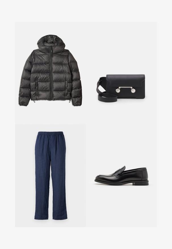 Černá péřová bunda s kapucí, se zipovým zapínáním vpředu, dvěma bočními kapsami a prošívanou strukturou. Vyrobena z lehkého, izolačního materiálu.; Krémový pletený svetr s polokošilovým límcem, žebrovanými manžetami a lemem, s předním zapínáním a měkkou texturou.; ASPESI PANTALONE - Kalhoty - blu/blue; Černé kožené polobotky s hladkou texturou, zaoblenou špičkou a zdobným páskem přes nárt. Nízký stohovaný podpatek, minimalistický design.; Černá kožená crossbody taška s klopovým zavíráním, stříbrným kováním a dvěma kulatými detaily. Obsahuje odnímatelný popruh. Hladká textura.