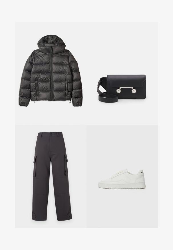 Črna puffer jakna s kapuco, z zadrgo spredaj, dvema stranskima žepoma in prešito teksturo. Narejena iz lahkega, izoliranega materiala.; Krema barve pletena jopica s polo ovratnikom, rebrastimi manšetami in robom, ki ima sprednji zadrgo in mehak tekstur.; Cargo hlače v temno sivi barvi, narejene iz gladkega materiala, z dvema stranskima žepoma in gumbnimi zapiranji. Ohlapna zasnova z manšetami na koncu hlač.; Bela usnjena športna obutev z gladko površino, okroglo prst, ravne vezalke in teksturiran podplat. Ima diskretno logo na peti.; Črna usnjena torbica za čez ramo z zapiranjem na preklop, srebrnimi dodatki in dvema okroglima okrasoma. Ima snemljiv trak. Gladka tekstura.