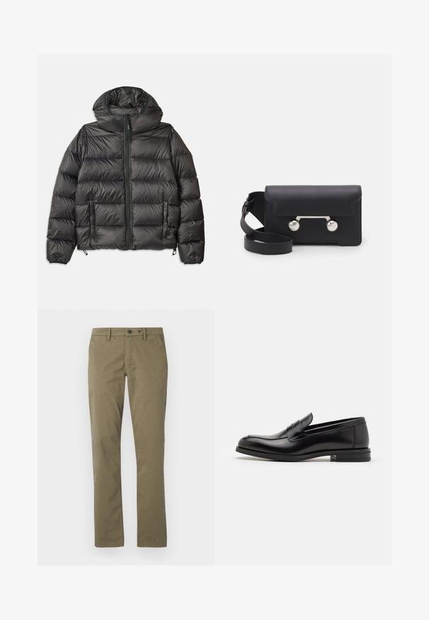 Zwarte gewatteerde jas met capuchon, voorzien van een ritssluiting aan de voorkant, twee zijzakken en een gewatteerde textuur. Gemaakt van lichtgewicht, geïsoleerd materiaal.; Crème-kleurige gebreide trui met een polo-kraag, geribde manchetten en zoom, voorzien van een voorste placket en een zachte textuur.; Khaki broek van katoen, met een recht gesneden ontwerp, twee zijzakken en een knoop- en ritssluiting.; Zwarte leren instappers met een gladde textuur, ronde neus en een decoratieve band over de wreef. Lage, gestapelde hak en minimalistisch ontwerp.; Zwarte leren schoudertas met een klep, zilverkleurige hardware en twee ronde accenten. Voorzien van een afneembare schouderriem. Soepele textuur.