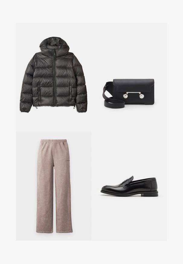 Čierna púzdrová bunda s kapucňou, so zipsovým predným uzáverom, dvoma bočnými vreckami a prešívanou textúrou. Vyrobená z ľahkého, izolačného materiálu.; Krémový pletený sveter s polokošaľovým golierom, rebrovanými manžetami a spodným lemom, s prednými gombíkmi a jemnou textúrou.; Svetlohnedé tepláky s jemnou textúrovanou úpravou, širokým strihom nohavíc, elastickým pásom a diskrétnym logom na boku.; Čierne kožené mokasíny s hladkou textúrou, zaoblenou špičkou a dekoračným pásikom cez priehlavok. Nízky vrstvený opätok, minimalistický dizajn.; Čierna kožená crossbody taška s klopovým uzáverom, strieborné nity a dve okrúhle ozdoby. Obsahuje odnímateľný popruh. Hladký povrch.