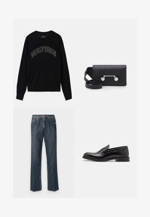 Zwarte gewatteerde jas met capuchon, voorzien van een ritssluiting aan de voorkant, twee zijzakken en een gewatteerde textuur. Gemaakt van lichtgewicht, geïsoleerd materiaal.; Zwarte trui met een ronde hals en lange mouwen. "VOLTAIRE" in contrasterend stiksel over de borst. Zachte textuur en een aansluitend ontwerp.; Donkerblauwe rechte spijkerbroek met een knoopsluiting aan de voorkant, rits, dubbele voorzakken en zichtbare verticale plooien langs de benen.; Zwarte leren instappers met een gladde textuur, ronde neus en een decoratieve band over de wreef. Lage, gestapelde hak en minimalistisch ontwerp.; Zwarte leren schoudertas met een klep, zilverkleurige hardware en twee ronde accenten. Voorzien van een afneembare schouderriem. Soepele textuur.