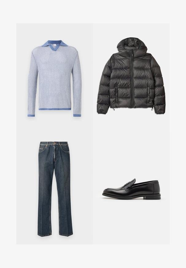 Giacca con cappuccio nera in piumino, con chiusura a zip frontale, due tasche laterali e texture trapuntata. Realizzata in materiale leggero e isolante.; Maglione azzurro chiaro in maglia, con maniche lunghe, caratterizzato da un collo a V e un colletto in denim a contrasto. Texture morbida e vestibilità standard.; Jeans in denim blu scuro a gamba dritta con bottone frontale, zip, doppie tasche anteriori e pieghe verticali visibili lungo le gambe.; Mocassini neri in pelle con una texture liscia, punta arrotondata e una striscia decorativa sulla tomaia. Tacco basso impilato, design minimalista.