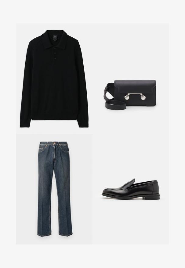 Črna puffer jakna s kapuco, z zadrgo spredaj, dvema stranskima žepoma in prešito teksturo. Narejena iz lahkega, izoliranega materiala.; Črn pleten pulover s ovratnikom, zapenjanjem na tri gumbke in rebrastimi manšetami. Ima dolge rokave in teksturirano blago.; Temno modra kratka majica s kratkimi rokavi z belim napisom "neanche per sogno" sredi prsnega dela, okrogli izrez, velikost srednja.; Temno modri traper hlače ravnega kroja z gumbom spredaj, zadrgo, dvojnimi sprednjimi žepi in vidnimi navpičnimi gubami po nogah.; Črne usnjene loafer čevlje z gladko teksturo, zaobljenim nosom in dekorativnim trakom čez zgornji del. Nizka zložena peta, minimalističen dizajn.; Črna usnjena torbica za čez ramo z zapiranjem na preklop, srebrnimi dodatki in dvema okroglima okrasoma. Ima snemljiv trak. Gladka tekstura.