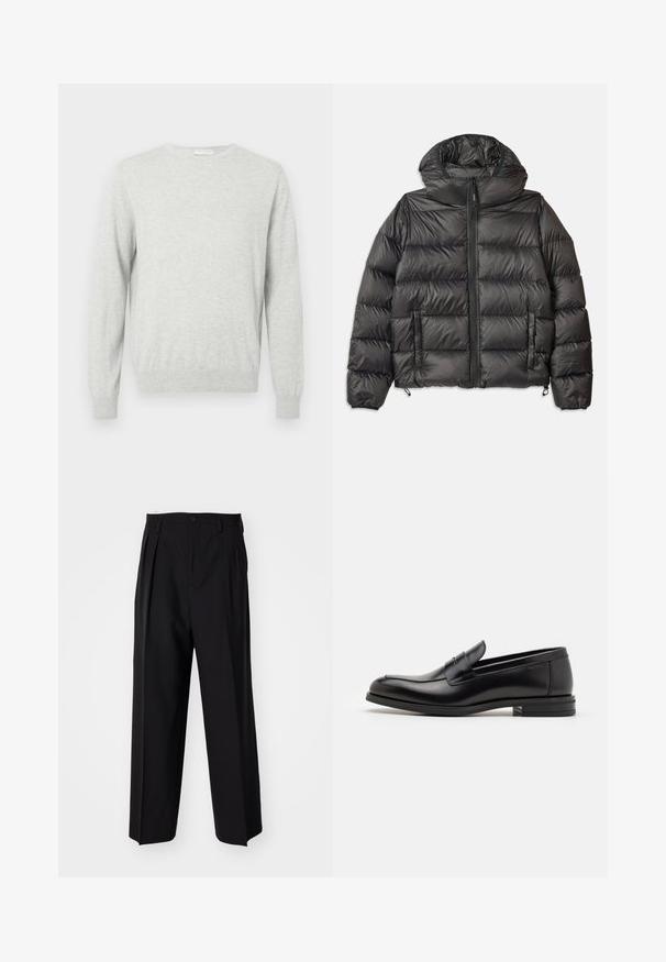 Zwarte gewatteerde jas met capuchon, voorzien van een ritssluiting aan de voorkant, twee zijzakken en een gewatteerde textuur. Gemaakt van lichtgewicht, geïsoleerd materiaal.; Lichtgrijs langarm crewneck sweater met geribde boorden en onderrand, weergegeven op een effen achtergrond.; Zwarte geplooide broeken met een rechte, brede pijpontwerp. Gemaakt van soepele stof, met een knoopsluiting en riemlussen.; Zwarte leren instappers met een gladde textuur, ronde neus en een decoratieve band over de wreef. Lage, gestapelde hak en minimalistisch ontwerp.