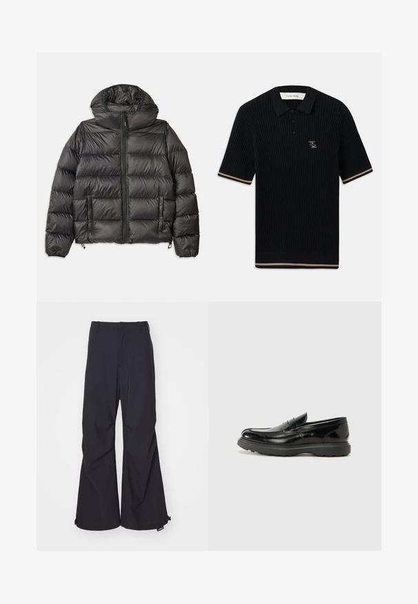 Schwarze Pufferjacke mit Kapuze, mit einem Reißverschluss vorne, zwei seitlichen Taschen und gestepptem Muster. Hergestellt aus leichtem, isoliertem Material.; Schwarzes, geripptes Poloshirt mit kurzen Ärmeln und Kragen, drei Knöpfen, beigem Besatz an den Ärmeln und dem Saum sowie dem FP-gestickten Logo auf der linken Brust.; Marineblaue Schlaghosen aus einem glatten Stoff, mit zwei Vorderaschen und Zugband-Akzenten am Saum. Sauberes, maßgeschneidertes Design ohne Verzierungen.; Schwarze Lederloafer mit glanzendem Finish, abgerundetem Zehenbereich, subtilen Steppnähten und einer dicken Gummisohle für Langlebigkeit.