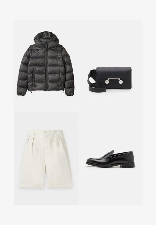 Chaqueta acolchada negra con capucha, con cierre frontal de cremallera, dos bolsillos laterales y textura acolchada. Fabricada con material ligero y aislante.; Camiseta de manga corta azul marino con el texto blanco "neanche per sogno" centrado en el pecho, cuello redondo, tamaño mediano.; Pantalones cortos de algodón beige con pliegues en el frente, bolsillos laterales y cierre de botón. La tela tiene una textura suave y una forma ajustada.; Mocasines de cuero negro con una textura suave, puntera redondeada y una tira decorativa en el empeine. Tacón bajo apilado, diseño minimalista.; Bolso cruzado de cuero negro con cierre de solapa, herrajes en tono plata y dos acentos redondos. Cuenta con una correa desmontable. Textura suave.