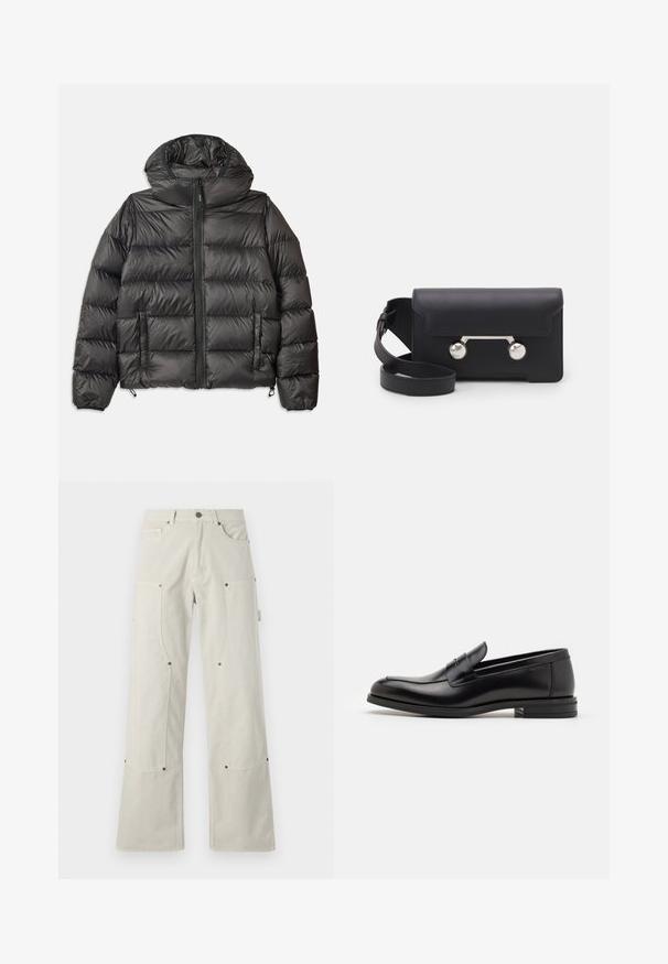 Giacca con cappuccio nera in piumino, con chiusura a zip frontale, due tasche laterali e texture trapuntata. Realizzata in materiale leggero e isolante.; T-shirt blu navy a maniche corte con scritta bianca "neanche per sogno" centrata sul petto, colletto girocollo, taglia media.; Pantaloni a gamba larga, di colore beige chiaro, realizzati in cotone con una superficie liscia, dotati di tasche applicate e dettagli in metallo.; Mocassini neri in pelle con una texture liscia, punta arrotondata e una striscia decorativa sulla tomaia. Tacco basso impilato, design minimalista.; Borsa a tracolla in pelle nera con chiusura a patta, hardware in tonalità argento e due accenti tondi. Dotata di una tracolla removibile. Texture liscia.