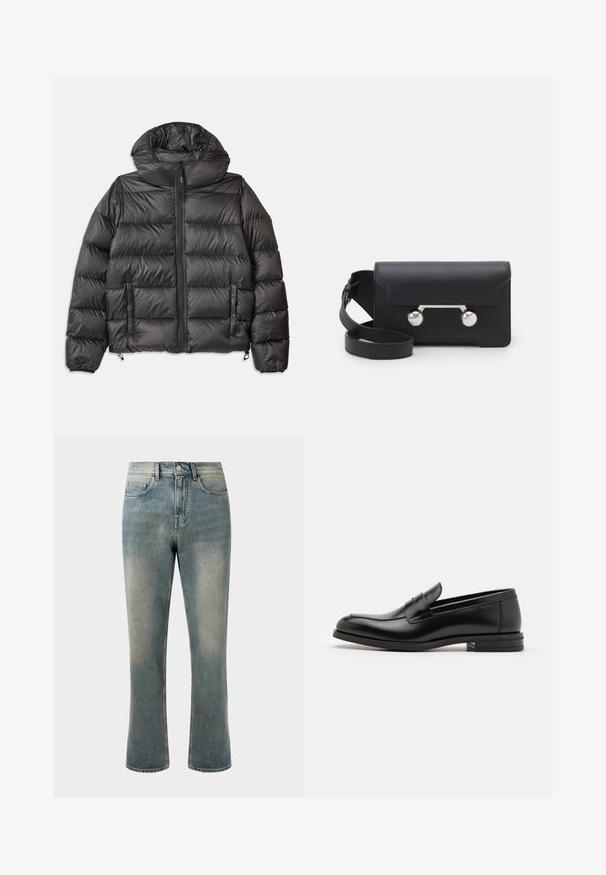 Chaqueta acolchada negra con capucha, con cierre frontal de cremallera, dos bolsillos laterales y textura acolchada. Fabricada con material ligero y aislante.; Camiseta de manga corta azul marino con el texto blanco "neanche per sogno" centrado en el pecho, cuello redondo, tamaño mediano.; Jeans de mezclilla azul claro con pierna recta, cintura media y desvanecido sutil. Presenta un estilo clásico de bolsillos y costuras en contraste.; Mocasines de cuero negro con una textura suave, puntera redondeada y una tira decorativa en el empeine. Tacón bajo apilado, diseño minimalista.; Bolso cruzado de cuero negro con cierre de solapa, herrajes en tono plata y dos acentos redondos. Cuenta con una correa desmontable. Textura suave.