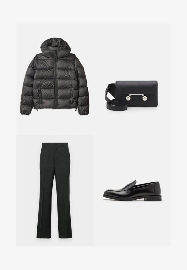 Fekete pufi dzseki kapucnival, elöl cipzáras, két oldalsó zsebbel és steppelt textúrával. Könnyű, szigetelő anyagból készült.; Tengerészkék, rövid ujjú póló, fehér "neanche per sogno" felirattal, középen a mellkason, kerek nyakkal, közepes méretben.; Sötétszürke, egyenes szabású, szabott nadrág, gombos záródással, elülső zsebekkel és finom textúrájú anyaggal.; Fekete bőr loaferek sima textúrával, kerek orral és dekoratív pánttal a vampnál. Alacsony, rétegelt sarkú, minimalista dizájn.; Fekete bőr keresztpántos táska hajtókával, ezüst színű kiegészítőkkel és két kerek díszítéssel. Levehető pánttal rendelkezik. Simább textúrájú.