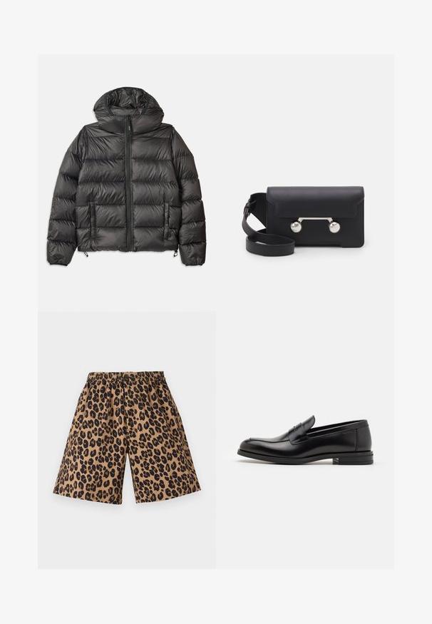 Melna pūkaina jaka ar kapuci, ar rāvējslēdzēju priekšā, divām sānu kabatām un quilted struktūru. Izgatavota no viegla, izolēta materiāla.; Tumši zilas krāsas īsās piedurknes T-krekls ar baltu tekstu "neanche per sogno", kas centrēts uz krūtīm, apaļa kakla izgriezums, vidēja izmēra.; Brūni šorti ar melnu leoparda rakstu, ar elastīgu jostu. Audums izskatās gluds, ar brīvu, platajām kājām.; Melnas ādas kurpes ar gludu tekstūru, noapaļu purngalu un dekoratīvu siksniņu pāri priekšpusei. Zems sakrauts papēdis, minimālisma dizains.; Melna ādas crossbody soma ar atloku aizdari, sudraba toņu aparatūru un divām apaļām detaļām. Iespējams noņemt siksnu. Gluda tekstūra.