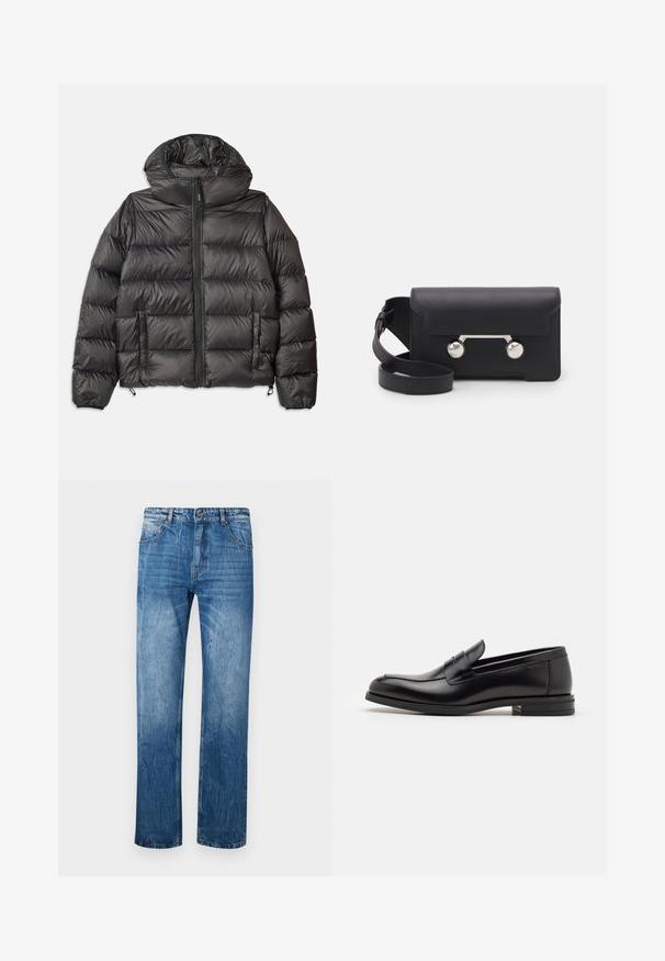 Mustapufferi takki hupulla, jossa on vetoketjukiinnitys, kaksi sivutaskua ja tikattu rakenne. Valmistettu kevyestä, eristävästä materiaalista.; T-paita tummansinisestä kankaasta, lyhyet hihat, valkoinen teksti "neanche per sogno" keskellä rintaa, pyöreä kaula-aukko, keskikoko.; Siniset farkut suoralla leikkauksella, joissa on viisi taskua, vyölenkit ja hienovarainen haalistuminen kankaan pinnalla.; Mustat nahkakengät, joissa on sileä pinta, pyöreä kärki ja koristeellinen nauha jalkapöydän yli. Matala pinoitu koroke, minimalistinen muotoilu.; Mustan nahkainen olkalaukku, jossa on läppäkiinnitys, hopeanväriset yksityiskohdat ja kaksi pyöreää koristetta. Varustettu irrotettavalla hihnalla. Sileä pinta.