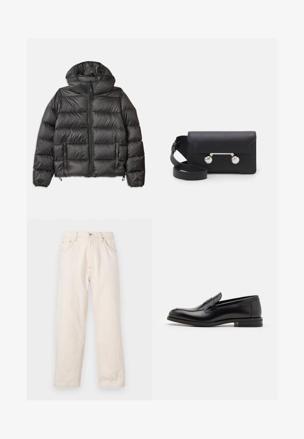 Black puffer jacket with a hood, featuring a zip front, two side pockets, and quilted texture. Made from lightweight, insulated material.; Navy blue short-sleeve T-shirt with white text "neanche per sogno" centered on the chest, crew neck, medium size.; Beige straight-leg jeans made of denim, featuring a button closure, five pockets, and visible stitching details. Smooth texture.; Black leather loafers with a smooth texture, rounded toe, and a decorative strap across the vamp. Low stacked heel, minimalist design.; Black leather crossbody bag with a flap closure, silver-tone hardware, and two round accents. Features a detachable strap. Smooth texture.