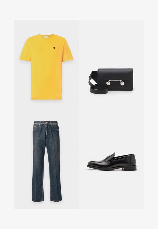 Sort pufferjakke med hætte, der har lynlås foran, to sidelommer og quiltet tekstur. Fremstillet af let, isoleret materiale.; Gul bomulds T-shirt med korte ærmer, rund halsudskæring og et lille sort logo på venstre brystområde. Glat tekstur og standard pasform.; Mørkeblå lige ben denim jeans med frontknap, lynlås, dobbelte forlommer og synlige lodrette folder ned langs benene.; Sorte læderloafers med en glat overflade, rund tå og en dekorativ strop over vampen. Lav hæl med stabeldesign, minimalistisk stil.; Sort læder crossover taske med klaplukning, sølvfarvet hardware og to runde accenter. Har en aftagelig rem. Glat tekstur.