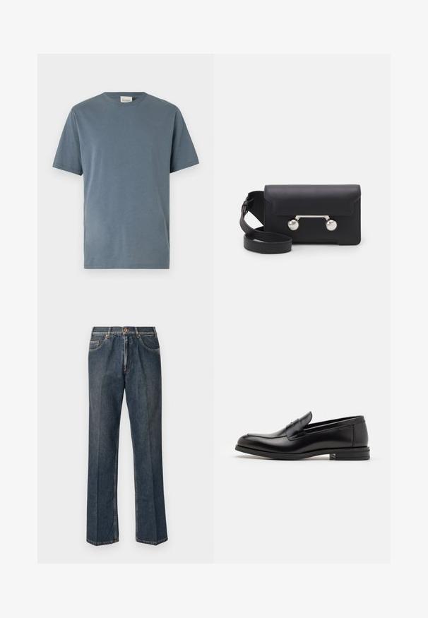 Schwarze Pufferjacke mit Kapuze, mit einem Reißverschluss vorne, zwei seitlichen Taschen und gestepptem Muster. Hergestellt aus leichtem, isoliertem Material.; T-Shirt mit kurzen Ärmeln aus weichem, mittelblauem Baumwollstoff. Verfügt über einen klassischen Rundhalsausschnitt, einen geraden Schnitt und minimale Nähdetails.; Dunkelblaue, gerade Jeans aus Denim mit vorderem Knopf, Reißverschluss, doppelten vorderen Taschen und sichtbaren vertikalen Falten entlang der Beine.; Schwarze Lederloafers mit glatter Textur, rundem Zehenbereich und einem dekorativen Riemen über dem Vorderfuß. Niedriger, gestapelter Absatz, minimalistisches Design.; Schwarze Leder-Umhängetasche mit Klappenverschluss, silberfarbener Hardware und zwei runden Akzenten. Verfügt über einen abnehmbaren Schulterriemen. Glatte Textur.