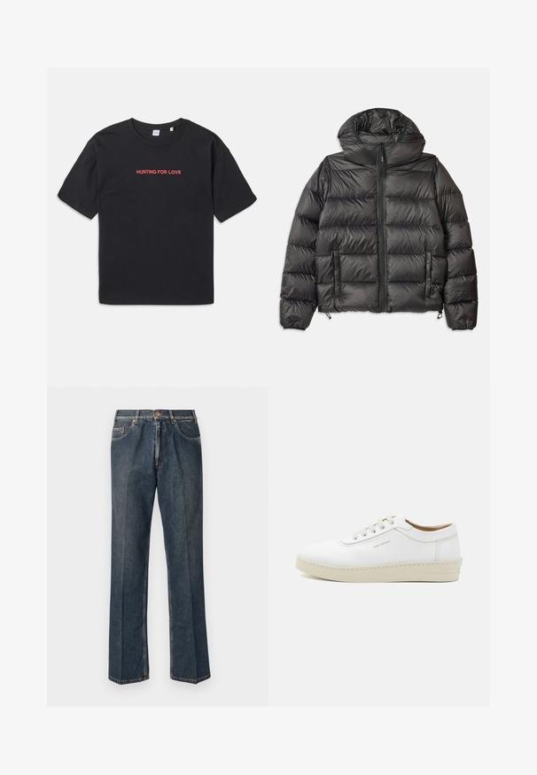 Black puffer jacket with a hood, featuring a zip front, two side pockets, and quilted texture. Made from lightweight, insulated material.; Black cotton t-shirt with short sleeves, featuring red text "HUNTING FOR LOVE" embroidered across the chest. Simple and relaxed fit.; Dark blue straight-leg denim jeans with front button, zip fly, double front pockets, and visible vertical creases down the legs.; White leather sneaker with a textured finish, round toe, beige rubber sole, and six grey lace eyelets, featuring subtle branding on the side.
