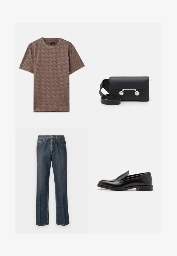 Zwarte gewatteerde jas met capuchon, voorzien van een ritssluiting aan de voorkant, twee zijzakken en een gewatteerde textuur. Gemaakt van lichtgewicht, geïsoleerd materiaal.; Bruin T-shirt met korte mouwen, voorzien van een herhalend MK-logo patroon, ronde halslijn en een zachte stoftextuur.; Donkerblauwe rechte spijkerbroek met een knoopsluiting aan de voorkant, rits, dubbele voorzakken en zichtbare verticale plooien langs de benen.; Zwarte leren instappers met een gladde textuur, ronde neus en een decoratieve band over de wreef. Lage, gestapelde hak en minimalistisch ontwerp.; Zwarte leren schoudertas met een klep, zilverkleurige hardware en twee ronde accenten. Voorzien van een afneembare schouderriem. Soepele textuur.