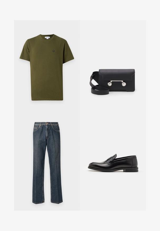 Juodas pūkinis džemperis su kapišonu, turintis užtrauktuką priekyje, dvi šonines kišenes ir siuvinės tekstūrą. Pagamintas iš lengvos, izoliacinės medžiagos.; Alyvuogių žalio medvilnės marškinėliai su apvalia iškirpte ir trumpomis rankovėmis. Kairėje krūtinės pusėje yra mažas juodas emblema. Lygus tekstūra.; Tamsiai mėlynos tiesios kojos džinsai su priekiniais mygtukais, užtrauktuku, dviem priekinėmis kišenėmis ir matomomis vertikaliomis raukšlėmis nuo kelnių šonų.; Juodos odinės loafers, turinčios lygų paviršių, apvalią noselę ir dekoratyvinę juostą per priekinę dalį. Žemas krentantis kulnas, minimalistinis dizainas.; Juodas odinis kryžminis krepšys su sklendės uždarymu, sidabro spalvos detalėmis ir dviem apvaliais akcentais. Yra nusiimamas diržas. Lygus paviršius.