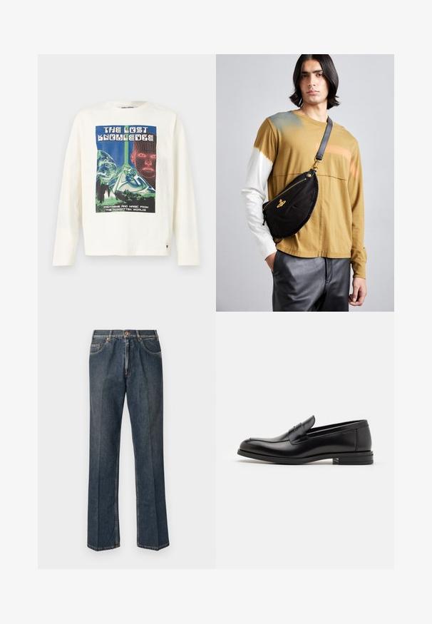 Czarna kurtka puchowa z kapturem, z zamkiem z przodu, dwoma bocznymi kieszeniami i pikowanym wzorem. Wykonana z lekkiego, ocieplającego materiału.; Kremowa koszulka z długim rękawem z kolorowym graficznym nadrukiem zatytułowanym "Zgubiona Wiedza", przedstawiająca piramidę oraz elementy cyfrowej twarzy.; Ciemnoniebieskie dżinsy prostego kroju z przodu na guzik, z suwakiem, podwójnymi kieszeniami z przodu oraz widocznymi pionowymi zmarszczeniami na nogawkach.; Czarne skórzane mokasyny o gładkiej fakturze, zaokrąglonym nosku i dekoracyjnym pasku na przodzie. Niski, warstwowy obcas, minimalistyczny design.; Vivienne Westwood CITY UNISEX czarny