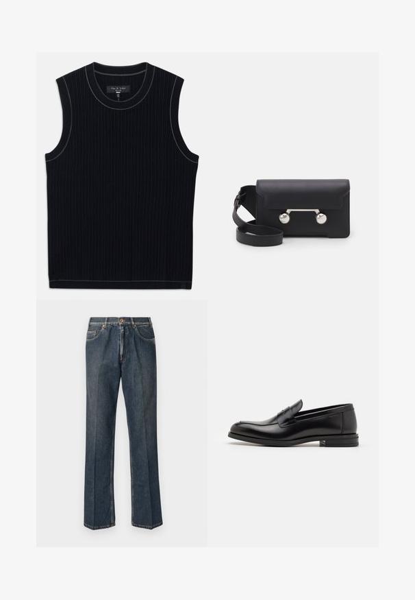 Zwarte gewatteerde jas met capuchon, voorzien van een ritssluiting aan de voorkant, twee zijzakken en een gewatteerde textuur. Gemaakt van lichtgewicht, geïsoleerd materiaal.; Zwart mouwloos topje van ribbenstof, met een ronde halslijn en een nette zoom. Subtiele contrastrand langs de halslijn.; Donkerblauwe rechte spijkerbroek met een knoopsluiting aan de voorkant, rits, dubbele voorzakken en zichtbare verticale plooien langs de benen.; Zwarte leren instappers met een gladde textuur, ronde neus en een decoratieve band over de wreef. Lage, gestapelde hak en minimalistisch ontwerp.; Zwarte leren schoudertas met een klep, zilverkleurige hardware en twee ronde accenten. Voorzien van een afneembare schouderriem. Soepele textuur.