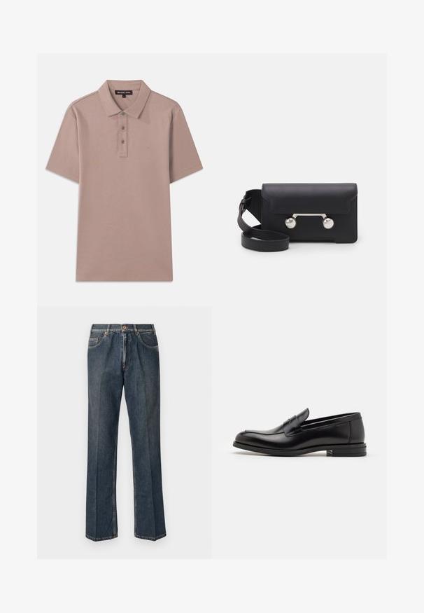 Melna pūkaina jaka ar kapuci, ar rāvējslēdzēju priekšā, divām sānu kabatām un quilted struktūru. Izgatavota no viegla, izolēta materiāla.; Gaiša brūna polo krekls ar īsām piedurknēm, trīs pogu aizdare un izšūts "MK" logs uz krūtīm. Gluda tekstūra.; Tumši zili taisni džinsi ar priekšējo pogu, rāvējslēdzēju, dubultajām priekšējām kabatām un redzamām vertikālām krokām pa kājām.; Melnas ādas kurpes ar gludu tekstūru, noapaļu purngalu un dekoratīvu siksniņu pāri priekšpusei. Zems sakrauts papēdis, minimālisma dizains.; Melna ādas crossbody soma ar atloku aizdari, sudraba toņu aparatūru un divām apaļām detaļām. Iespējams noņemt siksnu. Gluda tekstūra.