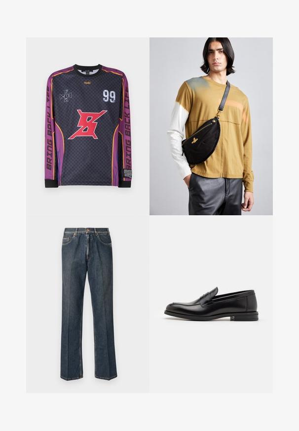 Black puffer jacket with a hood, featuring a zip front, two side pockets, and quilted texture. Made from lightweight, insulated material.; Long-sleeve black jersey with purple accents, featuring red graphic, "99" and "BRING BACK LIFE" text, checkered pattern, and textured cuffs.; Dark blue straight-leg denim jeans with front button, zip fly, double front pockets, and visible vertical creases down the legs.; Black leather loafers with a smooth texture, rounded toe, and a decorative strap across the vamp. Low stacked heel, minimalist design.; Vivienne Westwood CITY BUMBAG UNISEX - Bum bag - black