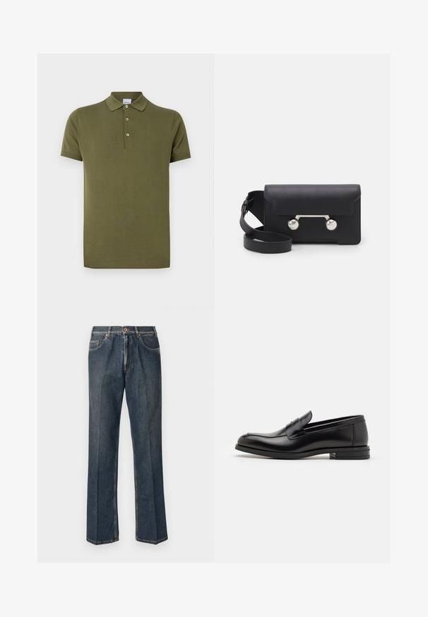 Must must vest, mille hoodiga, küljes on tõmblukk ja kaks küljetaskut ning ruuduline tekstuur. Valmistatud kergest, soojustatud materjalist.; Oliivroheline polo särk, mis on valmistatud puuvillast, lühikeste varrukatega, kolmesuunalise nööbiga ja ribaga krae ning mansettidega.; Tumedast sinised sirged teksapüksid, millel on ees nupp, tõmblukk, kaks eesmist taskut ja nähtavad vertikaalsed kortsud pükste jalgu pidi.; Mustad mustad nahast loafers sileda tekstuuriga, ümarat ninaosa ja dekoratiivne riba vampi üle. Madal kihiline konts, minimalistlik disain.; Must со хsaid crossover kottiga black nahka, mis on varustatud klapiga sulgemisega, hõbedased detailid ja kaks ümmargust aksessuaar. Omab eemaldatavat rihma. Sile tekstuur.