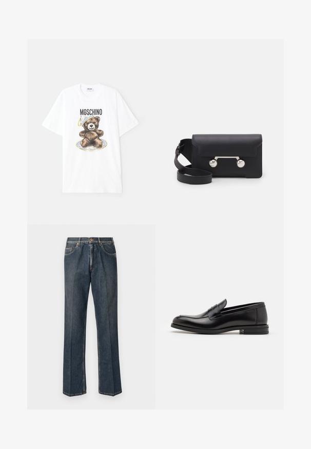 Must must vest, mille hoodiga, küljes on tõmblukk ja kaks küljetaskut ning ruuduline tekstuur. Valmistatud kergest, soojustatud materjalist.; Valge puuvillane T-särk, millel on prinditud kujutis pruuni karu plaadil, kelles on sinine ja kuldne kauss. "Moschino" tekst kujutise kohal.; Tumedast sinised sirged teksapüksid, millel on ees nupp, tõmblukk, kaks eesmist taskut ja nähtavad vertikaalsed kortsud pükste jalgu pidi.; Mustad mustad nahast loafers sileda tekstuuriga, ümarat ninaosa ja dekoratiivne riba vampi üle. Madal kihiline konts, minimalistlik disain.; Must со хsaid crossover kottiga black nahka, mis on varustatud klapiga sulgemisega, hõbedased detailid ja kaks ümmargust aksessuaar. Omab eemaldatavat rihma. Sile tekstuur.