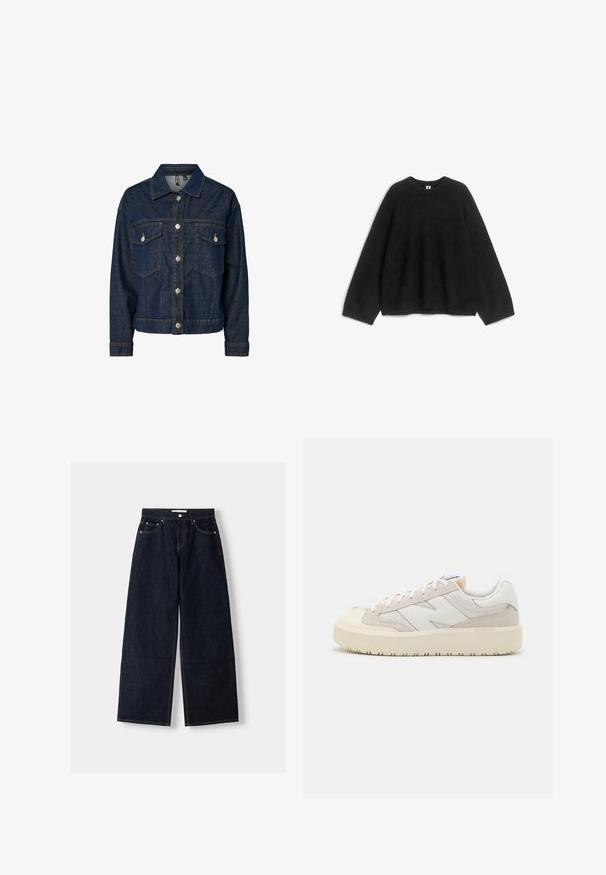 Dark blue denim jacket with a collared neck, front button closure, two chest pockets, and long sleeves featuring buttoned cuffs.; Black knitted sweater, round neckline, long sleeves, loose fit, soft texture, no visible patterns or accents. Suitable for casual wear.; Dark blue denim wide-leg jeans with a high waist, five pockets, contrast stitching, and silver metal hardware. Smooth texture and clean finish.; Low-top beige and white sneaker with mesh and suede panels, thick cream sole, and side logo detail.