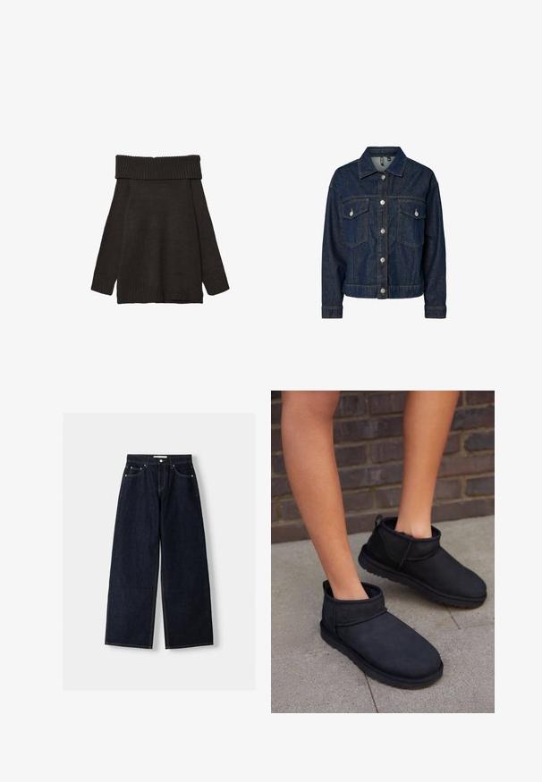 Tummansininen farkkutakki, jossa on kaulus, etuprojektiopainike, kaksi rintataskua ja pitkät hihat, joissa on nappikiinnitys.; Stradivarius EXPOSED SHOULDER - Neule - brown; Tummansiniset farkut, joissa on leveät lahkeet ja korkea vyötärö, viisi taskua, kontrastiväriset saumat ja hopeiset metalliosat. Sileä pinta ja siisti viimeistely.; Mustat nilkkurit, jotka on valmistettu sametista ja joissa on pehmeä sisävuori. Niissä on pyöreä kärki ja litteä, teksturoidulla pohjalla.