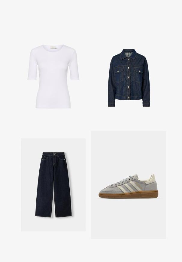 Donkerblauwe denim jas met een gekraagde kraag, een sluiting met knopen aan de voorkant, twee borstzakken en lange mouwen met button-up manchetten.; Witte nauwsluitende t-shirt van gladde stof, met een ronde halslijn en korte mouwen, zonder zichtbare patronen of accenten.; Donkerblauwe denim wijduitlopende jeans met een hoge taille, vijf zakken, contrasterende stiksels en zilveren metalen hardware. Gladde textuur en een nette afwerking.; Grijze suède sneakers met lichtgrijze leren strepen en een gomrubberen zool. Kenmerken zijn een vetersluiting en subtiele branding op de tong.