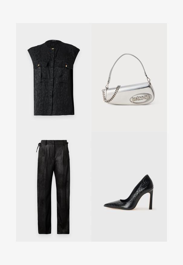 Brown teddy coat with three black buttons, wide lapels, and leopard print lining visible inside collar.; Black sleeveless top featuring a subtle leopard print, two chest pockets with gold accents, and a round neckline. Smooth fabric texture.; Black, high-waisted trousers made from a textured material. Features a straight leg, pleats, and adjustable drawstring at the waist.; Black pointed-toe high heel shoe with a crocodile-skin texture, featuring a sleek design, high stiletto heel, and smooth black interior.; Silver metallic handbag with a rounded triangular shape, featuring a logo, chain strap, and smooth texture. Zipper closure on the side.