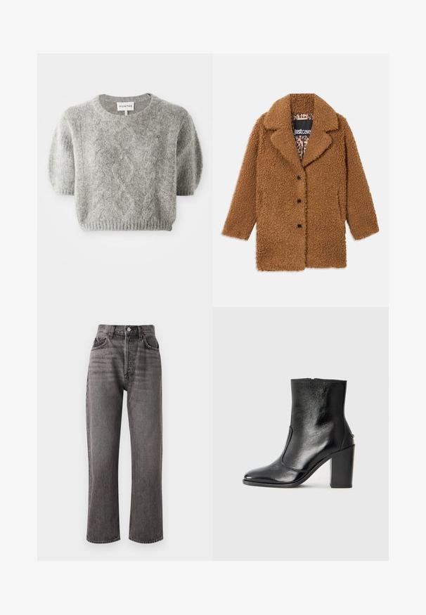 Rudas meškos paltas su trimis juodomis sagomis, plačiais atlapais ir leopardų raštu išklotu vidumi, matomu apykaklėje.; Pilkas trumpas rankovėmis megztinis su pynimo raštu ir pūkuotu apvadu. Pagamintas iš minkštos, tekstūruotos medžiagos. Prekės ženklo etiketė matoma prie kaklo.; Agolde 90S PINCH WAIST CROP - Tiesaus kirpimo džinsai - grey; Juodas odinis kulkšninis batas su lygiu paviršiumi, smailiu pirštu ir masyviu aukštu kulnu. Savybė - šoninis atidarymas ir minimalistiškas dizainas.