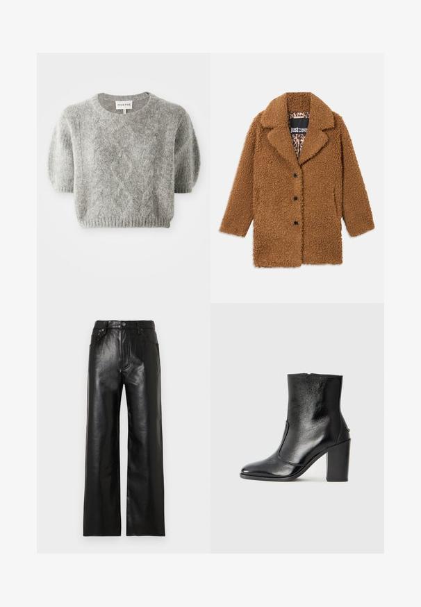 Cappotto teddy marrone con tre bottoni neri, ampie alette e fodera leopardata visibile all'interno del colletto.; Pullover grigio a maniche corte con motivo a treccia e orlo a coste. Realizzato in un morbido materiale testurizzato. Etichetta del marchio visibile sul collo.; Pantaloni a gamba larga in pelle nera con finitura lucida, dotati di tasche anteriori, chiusura con zip e bottone. Texture liscia su tutta la superficie.; Stivale alla caviglia in pelle nera, con una superficie liscia, punta affilata e tacco alto e massiccio. Presenta una apertura laterale e un design minimalista.