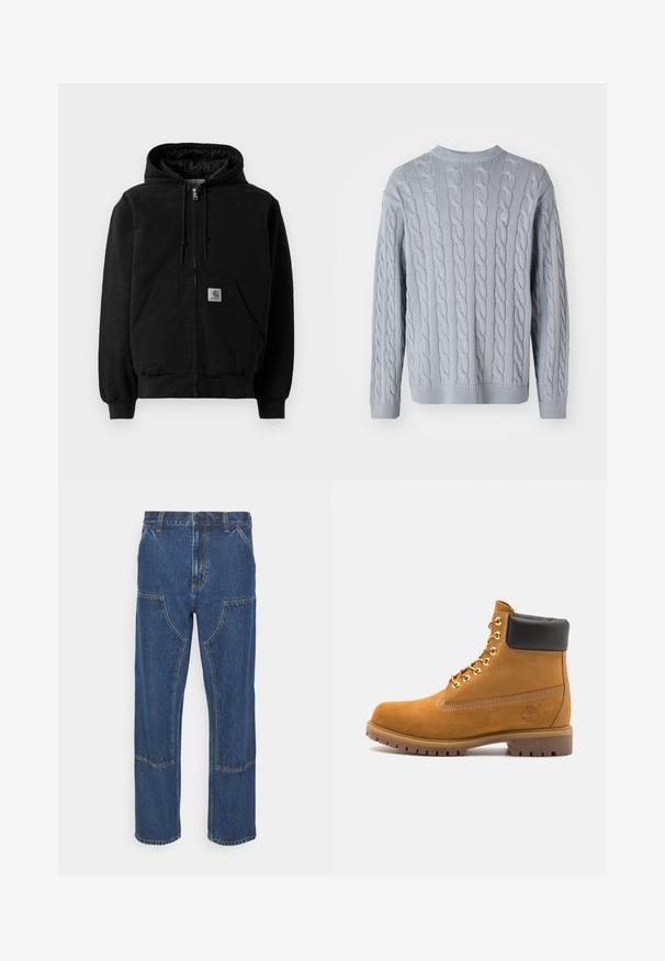 Black zip-up hooded jacket with front pockets, drawstring hood, ribbed cuffs, and a small Carhartt logo patch on the pocket.; Light blue knitted sweater with cable knit pattern, long sleeves, and round neckline. Ribbed cuffs and hem add texture and structure.; Blue denim jeans with a straight leg, front patch pockets, and contrasting stitches. The fabric has a classic texture and finish.; Tan suede ankle boot with black padded collar, gold metal eyelets, white stitching detailing, and rugged rubber sole with pronounced treads.