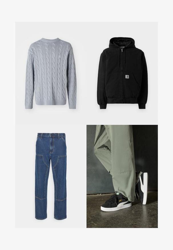 Schwarze Zip-Jacke mit Kapuze, Fronttaschen, verstellbarem Kordelzug in der Kapuze, gerippten Bündchen und einem kleinen Carhartt-Logo-Patch auf der Tasche.; Hellblau gestrickter Pullover mit Zopfmuster, langen Ärmeln und rundem Halsausschnitt. Rippbündchen und -saum verleihen Textur und Struktur.; Blaue Denim-Jeans mit geradem Bein, vorderen aufgesetzten Taschen und kontrastierenden Nähten. Der Stoff hat eine klassische Textur und Ausführung.; Schwarze Wildleder-Sneaker mit weißen Gummisohlen und seitlichen Streifen, kombiniert mit hellgrünen Cargo-Hosen, stehen auf einer strukturierten dunklen Oberfläche.