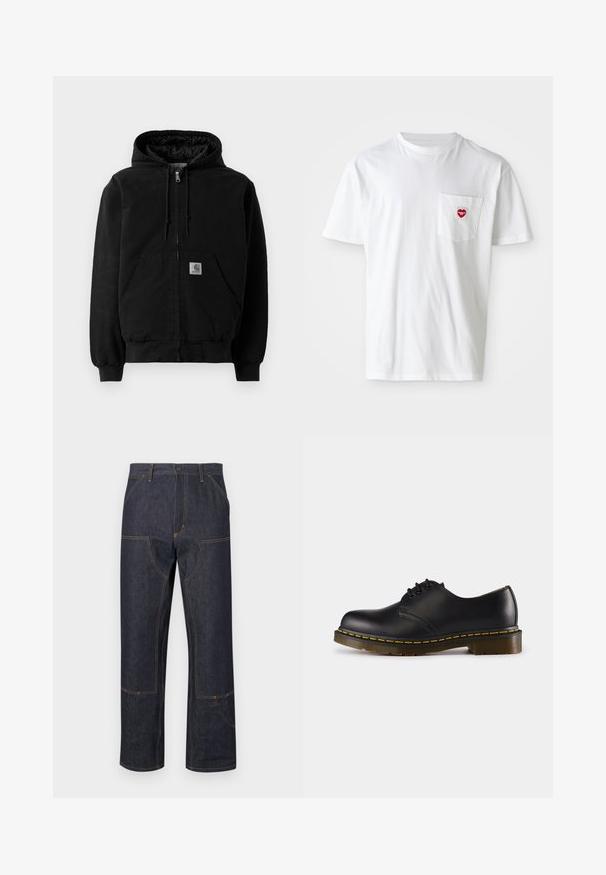 Svart zip-up hettegenser med frontlommer, snorjusterbar hette, ribbete mansjetter, og en liten Carhartt-logo patch på lommen.; Hvit bomulls t-skjorte med rund hals og korte ermer. Har en liten rød hjerte-logo på venstre brystlomme.; Mørk denimbukser med en løs passform, utstyrt med gul søm, frontlommer og et karakteristisk sømdesign.; Sorte skinnsko med rund tå, snøringsdesign, gul søm langs sålen og en kraftig, teksturert gummisåle.