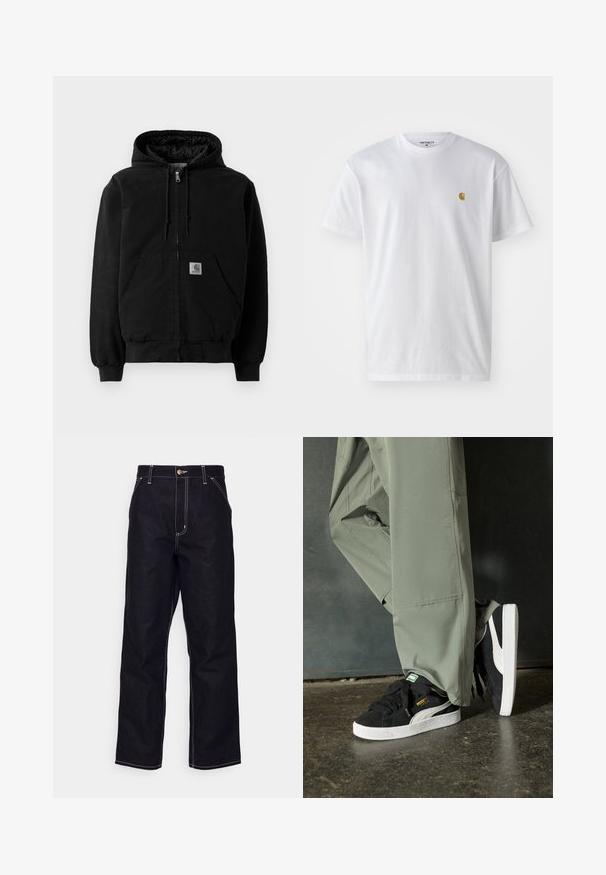 Juodas zip-up kapučio švarkas su priekinėmis kišenėmis, raišteliu sureguliuojamu kapučiu, guma apdirbtomis rankovėmis ir mažu Carhartt logotipo ženkleliu ant kišenės.; Balta medvilnės marškinėliai su trumpomis rankovėmis, apvalia iškirpte, kuriuose kairėje krūtinės pusėje yra mažas auksinis logotipas. Minkšta tekstūra ir reguliari forma.; Juodi džinsai su tiesiomis kojomis, kontrastingais baltais siūlais, užsegimu mygtuku ir dviem priekinių kišenių.; Juodi suede sportbačiai su baltais guminiais padais ir šoninėmis juostelėmis, derinami su šviesiai žaliais kargo kelnais, stovintys ant tekstūruoto tamsaus paviršiaus.