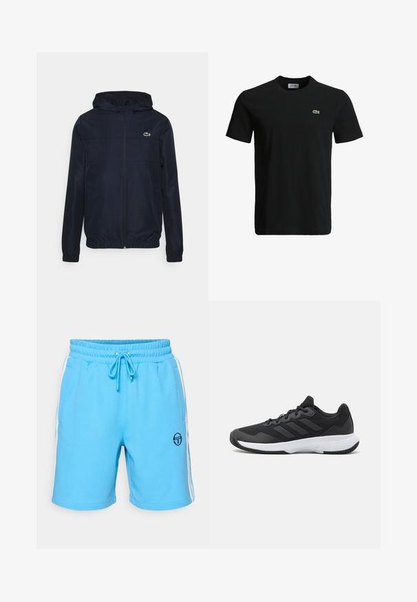 Casaco leve azul-marinho com capuz, fecho éclair completo, punhos elásticos e um pequeno logótipo verde no peito; material liso e resistente à água.; T-shirt de algodão preto com decote redondo, mangas curtas e um pequeno logotipo de crocodilo verde no lado esquerdo do peito. Textura suave, design casual.; Calções atléticos de um azul claro com um cós elástico, fecho por cordão, bolsos laterais e riscas brancas nas laterais. Logótipo preto impresso.; Sapatilha atlética preta com um upper texturizado, três riscas horizontais e uma sola branca com um padrão de piso. Design leve e aerodinâmico.