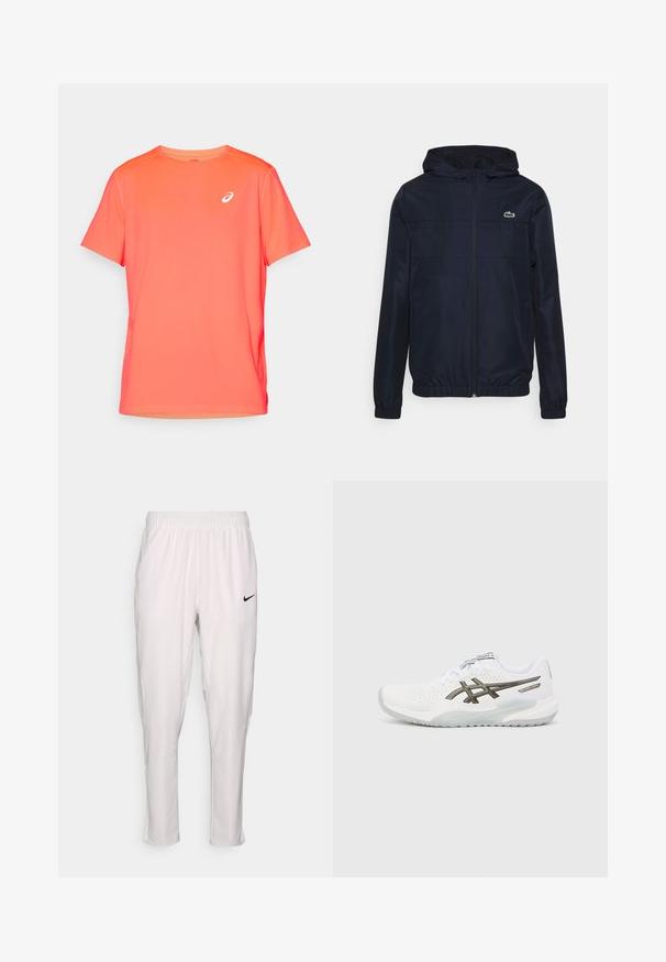 Marineblauwe lichtgewicht jas met capuchon, volledige rits, elastische manchetten en een klein groen logo op de borst; glad, waterafstotend materiaal.; Korte mouw atletisch t-shirt in heldere koraalkleur, gemaakt van lichtgewicht, gladde stof met een wit logo op de linkerborst.; Witte sportbroek met een elastische tailleband. Heeft een slim fit, gladde textuur en een klein zwart Nike-logo aan de voorkant.; Witte sportieve schoen met een geperforeerde mesh bovenkant, grijze accenten, logo aan de zijkant en een gevoerd zoolontwerp. Voorzien van een vetersluiting.