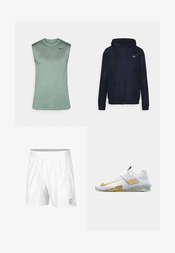 Navy blue, lekka kurtka z kapturem, z pełnym zamkiem, elastycznymi mankietami i małym zielonym logo na piersi; gładki, wodoodporny materiał.; Bez rękawów koszulka sportowa w miękkim zielonym materiale o gładkiej strukturze. Posiada okrągły dekolt i małe czarne logo Nike na piersi.; Białe sportowe szorty wykonane z lekkiego materiału, z elastycznym pasem, wyposażone w dwie boczne kieszenie oraz małe czarne logo na dolnym brzegu.; Białe buty sportowe z złotymi akcentami, teksturowana siateczka na cholewce, wyściełany kołnierz i przejrzysta gumowa podeszwa; posiada szeroki pasek w środkowej części stopy.