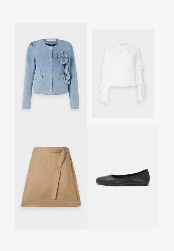 Svijetloplavi traper jakna s okruglim izrezom, zlatnim dugmadima, zakrpama na prednjim stranama i dekorativnim tekstilnim cvijetom na lijevoj strani.; Bela bluzica z dolgimi, razširjenimi rokavi, ki imajo naborke. Visok ovratnik z vezanjem in lahkoten, teksturiran material.; Bež krilo iz platna z rahlo A-linijo, ki ima stransko zavezo in podrobnosti s sponko, gladko teksturo in čisto robno obrobo.; Črne usnjene balerinke z zaobljenim nosom, gladko teksturo, minimalnimi šivi in fleksibilno zasnovo podplata.