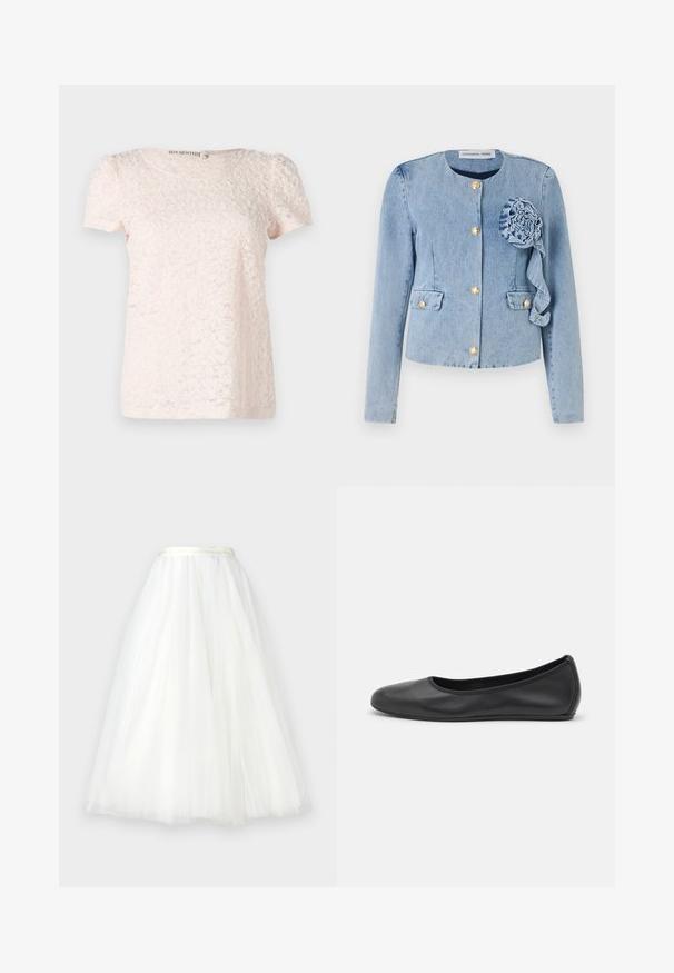 Giacca di jeans blu chiaro con colletto rotondo, chiusure a bottone dorato, tasche a toppa e un fiore di stoffa decorativo sul lato sinistro.; Top corto a maniche corte di un rosa chiaro, caratterizzato da un motivo floreale testurizzato e un collo rotondo. Realizzato in un tessuto morbido e delicato.; Ida Sjöstedt NOVA - Gonna lunga - ivory; Pantofole da balletto nere in pelle con punta arrotondata, texture liscia, dettagli di cucitura minimi e design con suola flessibile.