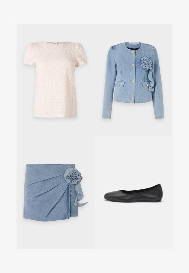 Ljust blå denimjacka med rund halsringning, guldknappar, fickor i patch-modell och en dekorerande tygblomma på vänster framsida.; Ljusrosa kortärmad topp med en strukturerad, blommig mönstring och rund ringning. Tillverkad av ett mjukt, fint tyg.; Denimomslag i ljusblå nyans, med intrikata veck och en dekorativ blomaccent med en hängande sidenband. Mjuk textur och avslappnad design.; Svart läderballerinaskor med rund tå, slät yta, minimala söm detaljer och en flexibel sula.