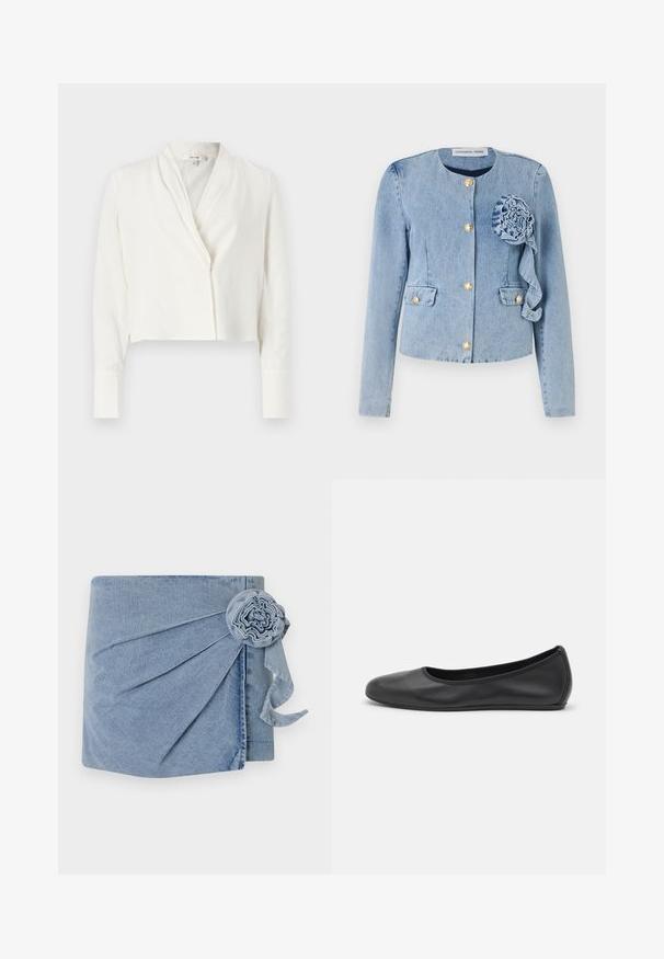Light blue denim jacket with a round neckline, gold button closures, patch pockets, and a decorative fabric flower on the front left.; Cropped white blouse with a shawl collar, long sleeves, and a single button closure. Smooth fabric with a slight sheen and no visible patterns.; Denim wrap featuring a light blue hue, intricate pleating, and a decorative flower accent with a trailing ribbon. Soft texture and casual design.; Black leather ballet flat with a rounded toe, smooth texture, minimal stitching detail, and a flexible sole design.