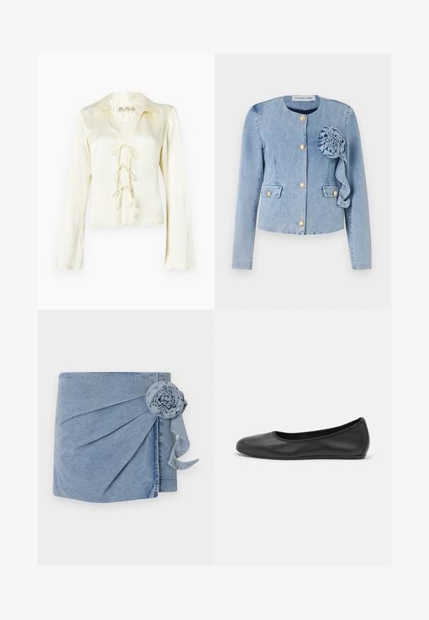 Hellblaues Denim-Jacket mit rundem Ausschnitt, goldenen Knopfverschlüssen, aufgesetzten Taschen und einer dekorativen Stoffblume auf der linken Vorderseite.; Cremfarbene Bluse mit langen Ärmeln, Kragen und V-Ausschnitt, mit einer Schnürung vorne, die drei Stoffbänder umfasst, sowie einer glatten, seidigen Textur.; Denim-Wickelkleid in einem hellblauen Farbton, mit aufwendigen Falten und einem dekorativen Blumenakzent, der mit einem schwebenden Band versehen ist. Weicher Stoff und lässiges Design.; Schwarze Leder-Ballettschuhe mit abgerundeter Spitze, glatter Textur, minimalen Nähdetails und einem flexiblen Sohlen-Design.